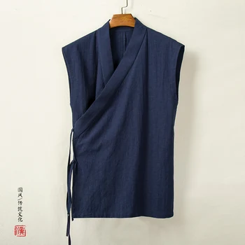 Китайската традиционна дреха, ретро жилетка, мъжки лен памук топ без ръкави, мъжко кимоно с V-образно деколте, мъжки блузи, градинска облекло