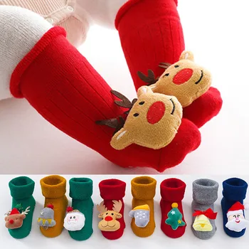 Коледни чорапи за момчета и момичета, за новородени деца, зима-есен, топло нескользящий етаж чорап с декорация във формата на Дядо Коледа и Снежен човек