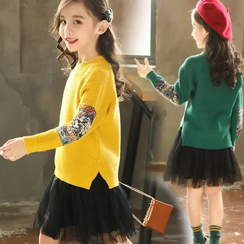 Колекция 2019 г., Есенно-зимни детски дрехи, Възли Пуловери За момичета, Модни Реколта Пуловери за по-Големите деца от 4 до 13 години RT675