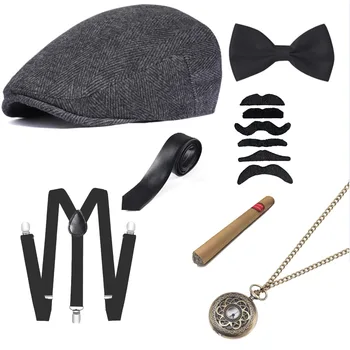Комплект аксесоари за мъжки костюм на 1920-те години, мъжки костюм гангстер Гэтсби, шапка, Y-образни скоби, папийонка, Часовници, брада