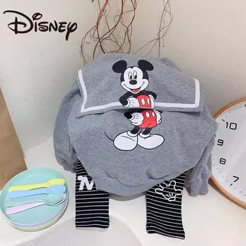 Комплект блузи с качулка за момичета Disney, 2023, есенен детски комплект дрехи с анимационни принтом Мики Маус, тъмно синьо яка, комплекти дрехи за малки момчета