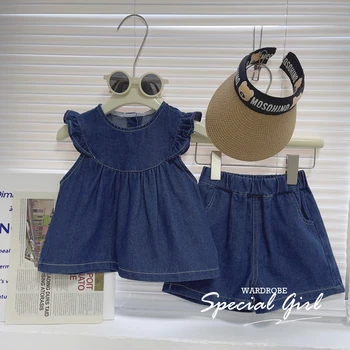 Комплект дънкови дрехи за малките момичета, монофонични модерен комплект дрехи, лятна ежедневни детски дрехи, луксозно обзавеждане на детски дрехи