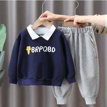 Комплект за момчета 2-9 години, есенен детски комплект 2023, нова корейска hoody с дълги ръкави и отворотами, ежедневни панталони, trend комплект от две части