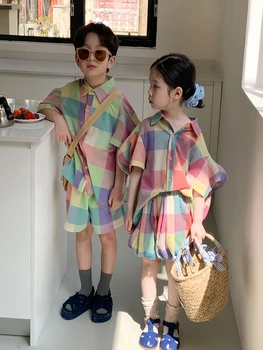 Комплект летни дрехи в Корейски стил За Малки момчета, Цветни тениски с решетка + Свободни Панталони, Костюм от 2 теми в опаковка, Комплекти Дрехи За малките момичета От Мек Памук