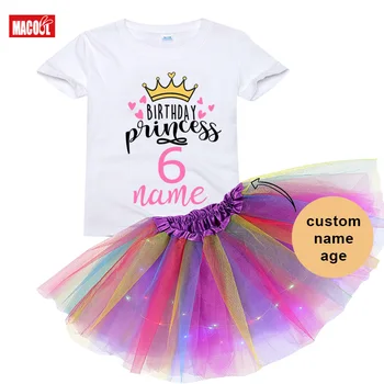 Комплект с тениска на принцеса рожден ден 2023, облекло за момичета на рожден Ден, рокля-опаковка в комплект с принцеса, рокля + тениска светещ пола от 2 до 9 години