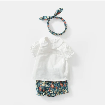Комплекти дрехи за малките момичета, летен модерен бял топ с буйни ръкав + гащета с цветен модел, подходящи за бебета, памучен детски дрехи за момичета