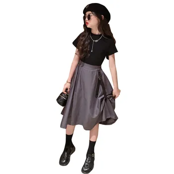 Комплекти Дрехи за момичета, Обикновена памучни съкратен Потник + пола, Детска градинска облекло от 2 теми, Модни детски Дрехи на 5-15 години