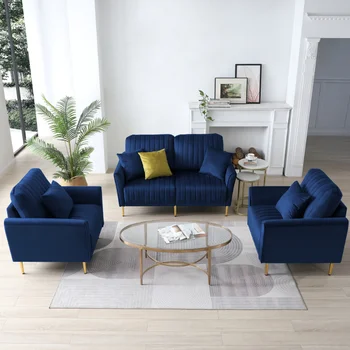 Комплекти кадифени мека мебел за хол от 3 теми \ Стол с акцент от 2 теми и един диван 2 места за малък жилищен пространство тъмно-син цвят