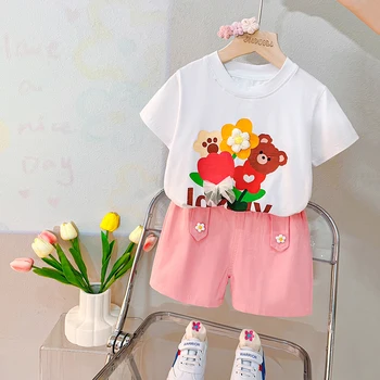 Комплекти летни дрехи за момичета, колекция от 2023 година, сладки бебешки костюми в стил животни на възраст от 1 до 5 години, памук материал, детски костюми