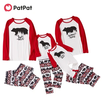 Комплекти пижам PatPat с коледните мечок и писмото принтом, подходящи за семейства, червен raglan с дълги ръкави (огнеупорни)