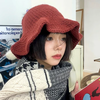 Корейската версия с магически дървени уши, есенно-зимна вязаная топла вълнена шапка, дамски сладка червена рибарска шапка с купол, мъжки