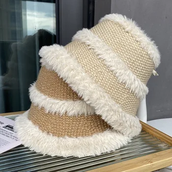 Корейската ниша, есен/зима, нова вязаная плюшен рибарска шапка ръчна изработка, дебела вълнена шапка, дамски ежедневни топла шапка-пот
