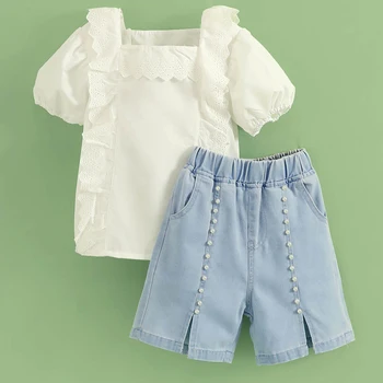 Костюм за момичета, детски дрехи, лейси бяла блуза в стил мозайка с пищни ръкави за момичета + дънкови шорти с цепка, комплекти от две части, комплект дрехи за момичета