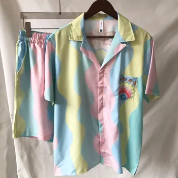 Костюм-риза с цветен принтом, ежедневни свободни шорти, плажен комплект с къс ръкав, мъжки спортни костюми, летни Тениски + Шорти, мъжки дрехи