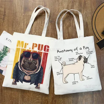 Куче, животът мопс, Анатомия, Мопс, холщовая чанта през рамо с анимационни принтом, дамски забавен еко-чанта за пазаруване в стил харадзюку голям капацитет
