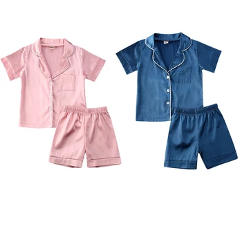 Летни Пижамные Комплекти 2020 Г. за Малки Момичета и Момчета, Ежедневни Обикновена Блузи с Къс ръкав и V-образно деколте + Шорти, 2 Цвята, Дрешки от 6 М до 6 години