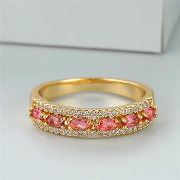 Луксозно годежен пръстен с кристали, розово-червен циркон, годежни пръстени, реколта сватбени декорации златен цвят За жени