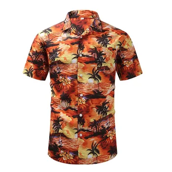 Лятна Дишаща Нова тенденция плажна риза Homme от кокосовата палма, Дишаща хавайска риза с цветен модел, с къс ръкав и копчета за мъже