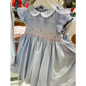 Лятна рокля в испански стил 2023 година за Малки Момичета, Детски Сини Рокли с Бродерии от Ръчно изработени Дизайнерски Рокли от детската Бутик