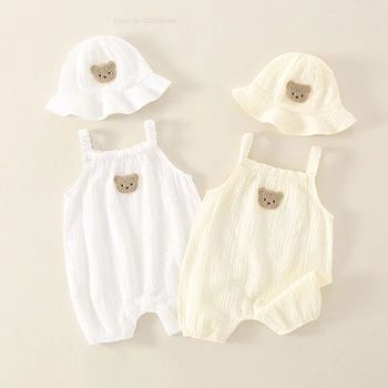 Лятна Тънка Мека дишаща дрехи за новородени, висококачествено памучно боди за момчета и момичета, детска шапка с хубав мечка, костюм за катерене