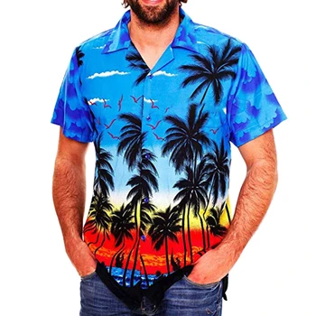 Лятото на 2022, мъжка риза с къс ръкав и принтом на кокосовата палма, ежедневни плажна риза в хавайски стил, свободна, на копчета