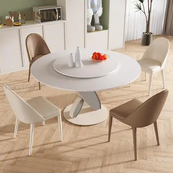 Модерен Кръгла маса за хранене с превръщането на масата Дизайн на мебели за дома, в кремовом стил Рамка от въглеродна стомана Проста бяла Маса за кухня