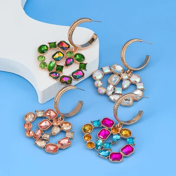 Модни метални геометрични обеци с кристали за жени, елегантни и преувеличени обеци на куки, аксесоари за банкети, бижута