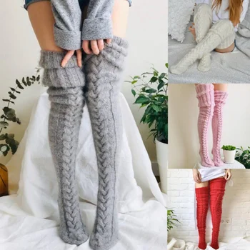 Модни чорапи над коляното, дамски зимни възли чорапогащи до коляното за дамите, сексуална топли, дишащи високи чорапи за краката
