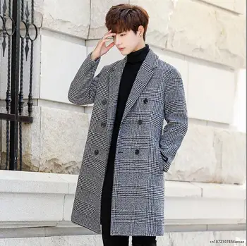 Модно мъжко палто, есен-зима, ново модно клетчатое двубортное палта с ревери, козината е със средна дължина, мъжко луксозно вълнена зимно палто за мъже