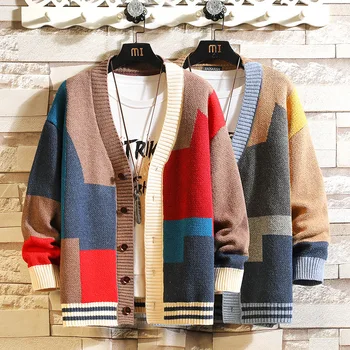 Мъжки Дрехи 2023, Корейски Стил, Мъжки Цветен пуловер в стил Мозайка, Модерен Есенно-зимните Пуловери За Двойки, Възли якета 7XL-M