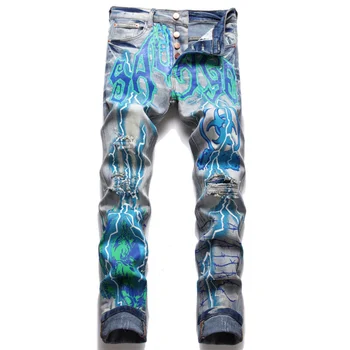 Мъжки дънки с еластична принтом в стил Пънк-тенденция, ретро, Синя дупка, Приталенная засаждане, Градинска дрехи, Пролетно-есенни дънкови панталони, Скъсани дънки пълна дължина