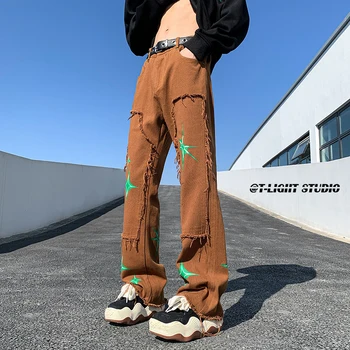 Мъжки дънкови панталони с рваным ръба в стил мозайка, преки свободни обикновена зреещи, градинска дрехи, ежедневни панталони M-3XL