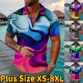 Мъжки ежедневни топ тениска в уличном стил, лятна мъжка риза с къси ръкави с 3D принтом в ретро стил, пуловер с ревера на мълния, модерен къс ръкав XS-8XL