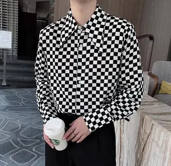 Мъжки пролетен риза, Шах суитчър, Бяла, черна мрежа, на шахматната дъска, голяма яка