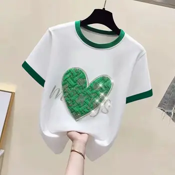 Нова зелена фланелка във формата на сърце Любов, летен жена топ с къс ръкав, бяла памучен корейската риза, дамски тениски свободно намаляване на