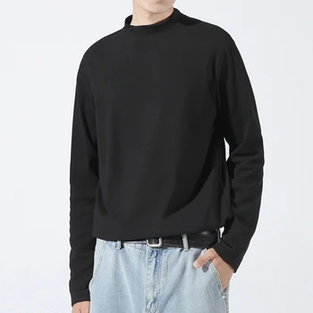 Нова удобна однотонная мъжки долната риза с висока воротом, оборудвана топъл пуловер, тениска с дълъг ръкав