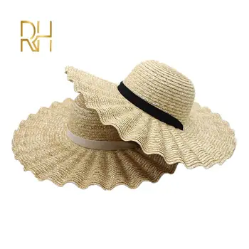 Новата пролетно-лятна мода сламена шапка с вълнообразна черупка, пшенично сламена шапка за почивка, черна и бяла кант, солнцезащитная кръгла шапка с голяма периферия, RH