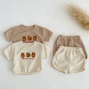Нови костюми с бродерия на мече за малки момчета и момичета, сладки комплекти дрехи с вафли за новородено, бебешки дрехи за почивка в корейски стил за деца