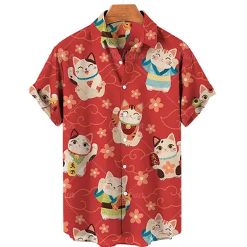 Нови Мъжки ризи Японската тениска с изображение, Лъки Котка, къс ръкав, Връхни дрехи копчета, негабаритная мъжки/дамски блуза, Летни дрехи 2023