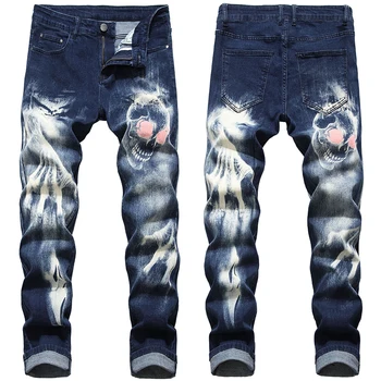 Нови панталони с изображение на Лъв, стръмни директни класически мъжки дънки от деним в стил мозайка, ретро, индивидуален дизайн, панталони голям размер