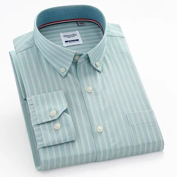 Памучен оксфорд риза с дълъг ръкав копчета, мъжки бизнес официалната риза, марка есенна мъжки дрехи на райета и клетка