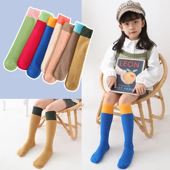 памучни чорапи до прасците в една вертикална ивица от 7 цвята за деца, пролетно-есенни детски чорапогащи, чорапи дишащи-тръба