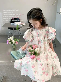 Памучно рокля с френско цветя модел за момичета, лятото е ново, модерно детско рокля с къс ръкав и дълги кружевными ръкав, детски дрехи за момичета