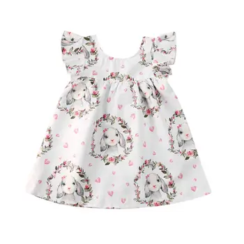 Празнична рокля за новородени бебета и малки момичета, мини-рокля трапецовидна форма с принтом на Великденския Заек и къдри на ръкавите