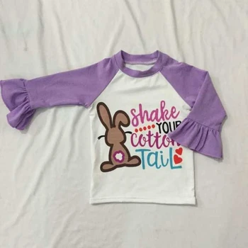 Продажба на едро на детски дрехи, детска блуза с дълъг ръкав и кръгло деколте с изображение на Заек, детски дрехи