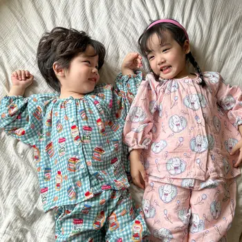 Пролетно-летен есенен памук двойна марля мек пижамный комплект за момчета и момичета, блузи с дълги ръкави и панталони с анимационни герои, домашно облекло