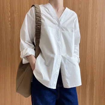 Пролетно проста дамска блуза с V-образно деколте и дълъг ръкав, памучни свободни однобортные ризи във френски стил за есен 7-5