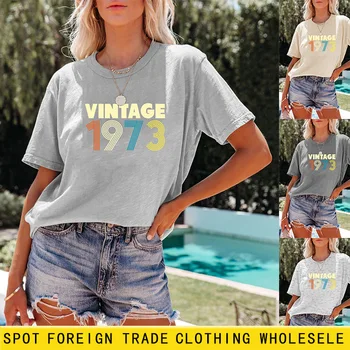РЕКОЛТА женска тениска с удоволствие прости букви 1973 г., свободна модна тениска с къс ръкав за мъже и жени, универсални капаци