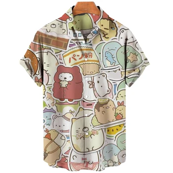 Риза с анимационни модел, лятна ежедневната мъжка риза с къс ръкав, блузи с анимационни принтом, ежедневни облекла копчета с ревери XS-3XL