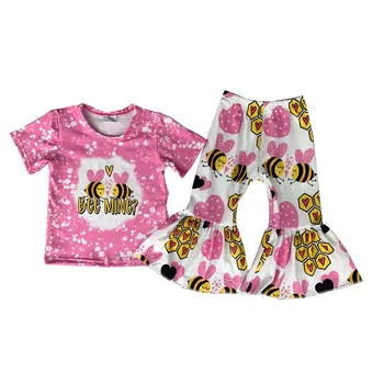 Розов костюм Bee Mine, летен сладък костюм за момичета, в началото на с къси ръкави, разкроена панталони, комплект от 2 теми